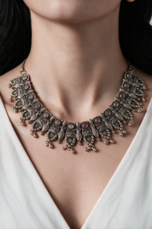 Antique Oxidised Silver Ghungroo Drop Tribal Necklace