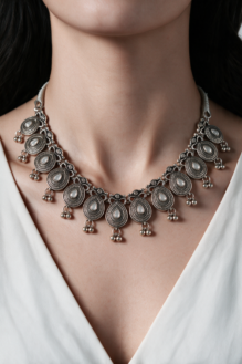 Antique Oxidised Silver Teardrop Medallion Tribal Necklace